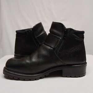 LL Bean Boots Womens 9.5 M Black Leather Side Zip Strap Wool Lined Chunky Heel